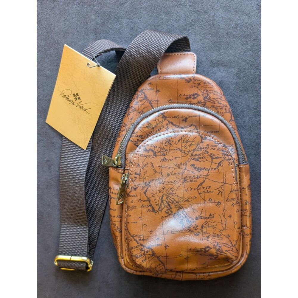 NWT Patricia Nash Louetta Leather Sling Bag Purse Map Print Riot Rust